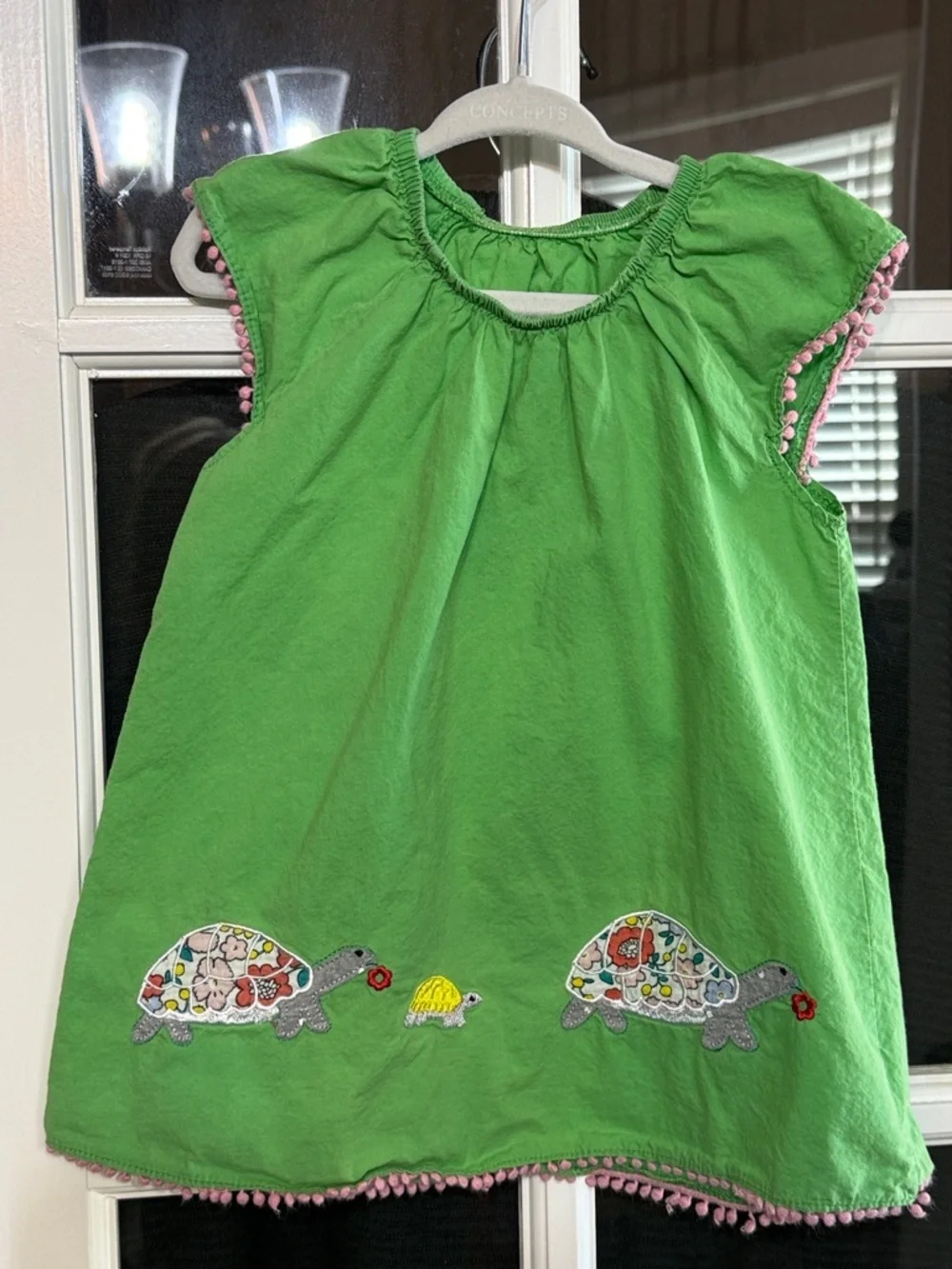 CARTER'S Cotton Green Pom-Trim Turtle Appliqué Dress Size 6-9M